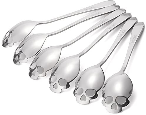 FOXAS 6er Set Totenkopf Teelöffel Edelstahl 18/8, 15cm Schädel Totenkopf Zuckerlöffel, Kaffeelöffel Spülmaschinenfest, Skull Löffel, Skull Spoon Serie Bon Appétit