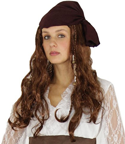 Piratenperücke mit Kopftuch für Damen – braune Locken mit Zöpfen & Perlen – Piratenkostüm Zubehör für Fasching, Karneval & Mottoparty
