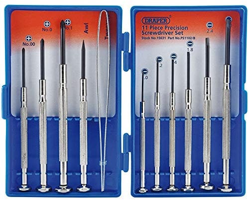 Draper 11 Piece Precision Screwdriver Set | Carbon Steel | DIY and Professional Kit | Plain Slot | Cross Slot | Swivel Tops | Tweezers | Plastic Case | 15631