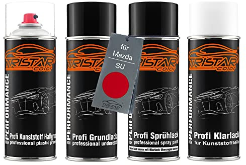 TRISTARcolor Autolack Spray Set Kunststoff für Mazda SU Classic Red | Sprühdosen-Set für Stoßstange/Plastik, Kunststoff-Haftgrund + Grundlack + Basislack + Klarlack