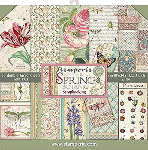 STAMPERIA SBBL50 Papierblock 10 Blätter doppelseitig Spring Botanic, Mehrfarbig, 30.5 x 30.5 (12 x 12)
