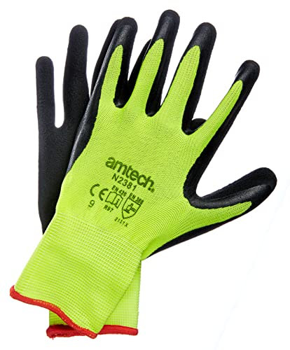 Amtech N2381 Hi Vis Gloves Large (Size 9), Certified Quality Rubber Coated Hi Vis Work Gloves, Black/Yellow