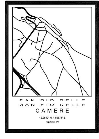 Kartenkunstdruck San Pio delle camere nordic style in schwarz und weiß. Poster A3 Größe mit schwarzem Rahmen gedruckt Papier 250 gr. Bilder, Bettwäsche und Poster für Salon und Schlafzimmer