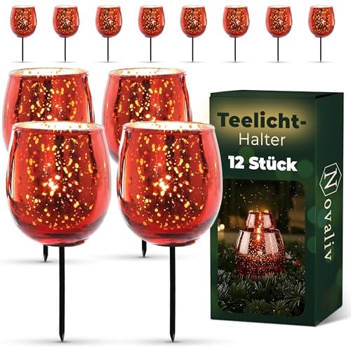 12x Teelichthalter Glas für Adventskranz 6cm Bauchig Rot - Kerzenhalter Klein, Kerzenpicks für Teelichter, Weihnachtskranz - 3X 4er Teelicht Gesteck Weihnachten Dekoration Xmas