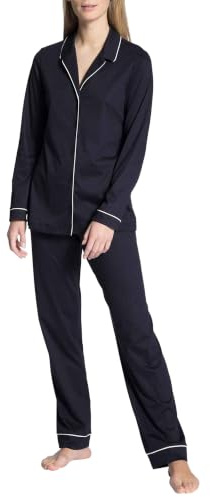 CALIDA Night Lovers Pyjama, Schlafanzug, durchgeknöpft Damen, aus 100% hochwertiger Baumwolle, mit stoffbezogenem Gummibund Dark Lapis Blue 36-38