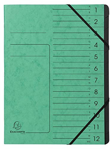 Exacompta 541203E Premium Ordnungsmappe geheftet. Aus extra starkem Colorspan-Karton DIN A4 12 schwarze Fächer und 2 Gummizüge mit Organisationsdruck Ringmappe Register-Mappe grün
