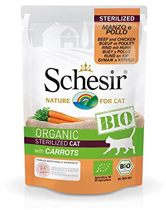Schesir Cat Bio Sterilized Rind und Huhn mit Karotten, Katzenfutter nass für sterilisierte Katzen, 16 Beutel x 85 g
