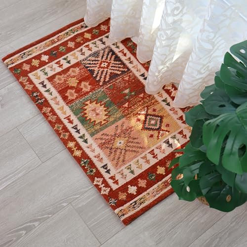 AMIDA Small Door Mat Indoor 60x90cm Boho Traditional Floral Style Washable Dirt Trapper Low-Profile Inside Floor Door Mats Carpet for Entrance Doorways,Kitchen,Garage(Orange+ Red)