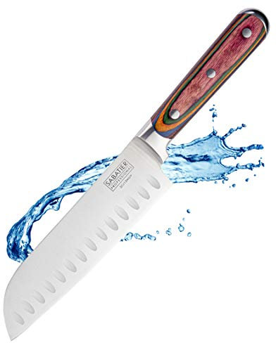 Sabatier Professional Oriental Santoku Kitchen Knife - 7in/17.5cm Full Tang Taper Ground Stainless Steel Blade. Unique Coloured Pakkawood Triple Rivet Handle. Lifetime Performance 25yr Guarantee