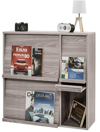 Iris Ohyama, Furniture, Shelf, Storage Bookcase, with 4 Flip Doors, Wood, Elegant, Magazine Cabinet, for Bedroom, Living Room, Dining Room, Grey Oak, Flap Rack FR-F4