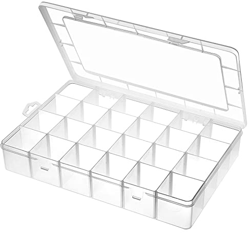 Gbivbe Large 24 Grids Plastic Organizer Box Adjustable Dividers,Clear Storage Box for Jewelry, Art DIY Crafts, Washi Tapes, Beads and Small Parts