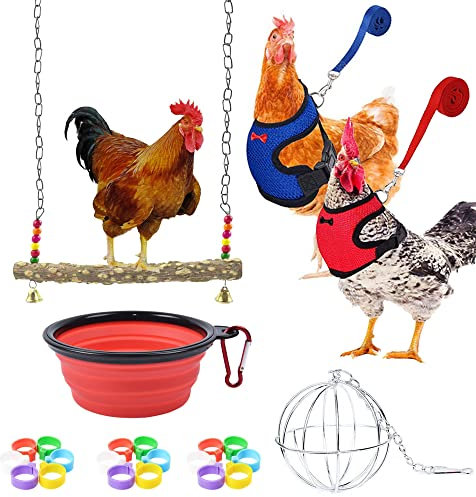 Allazone 25 Stück Hühner Spielzeug, Hühnerschaukel Hühner Spielzeug, Verstellbares Hühnergeschirr mit Leine, Hühnerfußring für Huhn, mittelgroße Vögel, Papageientraining