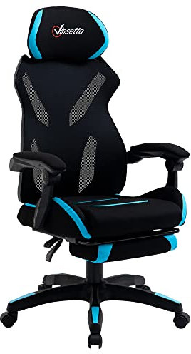 Vinsetto Sedia da Gaming con Supporto Lombare, Sedia Ufficio Ergonomica con Altezza Regolabile in Tessuto Nero e Blu, 65x65x119-129cm
