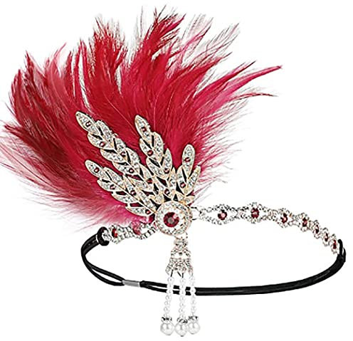 IYOU Paon La Plume Gatsby Casque Vert Cristal Clapet Bandeaux Bal de Promo Costume Mariage 1920 Accessoires pour Cheveux pour Femme (Rouge)