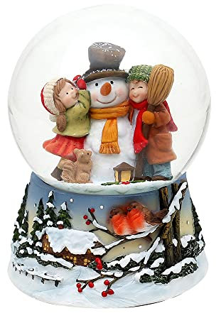 Dekohelden24 Schneekugel Schneemann mit Kindern auf aufwendig verziertem Sockel, mit Spielwerk, Melodie: Leise rieselt der Schnee, Maße L/B/H: 10,5 x 10 x 14,5 cm Kugel Ø 10 cm.