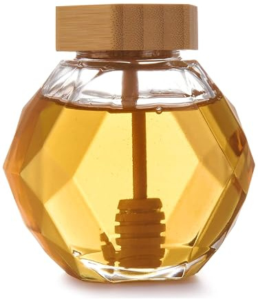 Bruntmor Rustic Modern Glass Honey Jar - Small Honey Pot with Dipper Set Dispenser - Premium Glass Honey Decanter - Wooden Lid & Spiral Drip Dipper - 3.4 Inches
