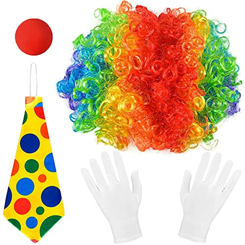 ZDQC 4 Stück Clown Kostüm Accessoire,Regenbogen Perücke Clown,Lockenperücke Clown,Kostümzubehör Clown,Clown Kostümzubehör,Clown Lockenperücke+Clownsnase+Bunte Krawatte+Handschuhe(Krawatte)