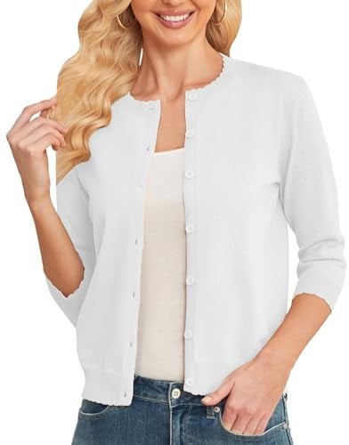 CUNYI Cardigan Donna Corto Manica 3/4 Coprispalle Elegante Maglione Leggero Girocollo con Bottoni, Bianco S