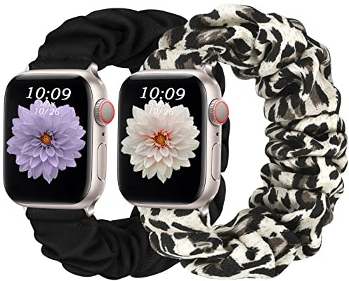 CeMiKa 2pack Bracelets Compatible avec Bracelet Apple Watch 42mm 44mm 45mm 49mm, Elastique Ajustable Scrunchie Bande pour iWatch Bracelet Series 9 8 7 6 5 4 3 2 1 SE Ultra/Ultra 2, Noir/Léopard