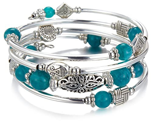 Bulinlin Damen Wickelarmband aus Natur Achat Stein Mehrschichtiges Perlen Silber Armkette Valentinstag Modeschmuck Geschenk(Sea green)