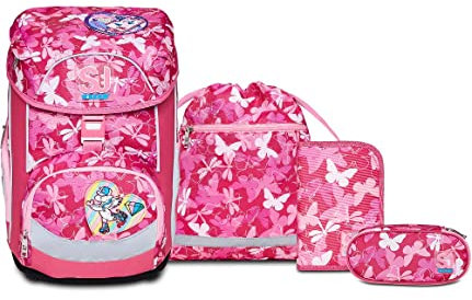 SJ Schulranzen set 4-teilig Ergonomischer Schulrucksack, Ultraleichte Schultasche, 22 LT, ab 1. Klasse mit Mäppchen und Turnbeutel, Kinder Grundschule Mädchen Junge, grün/orange