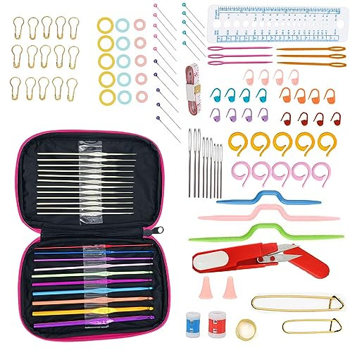 Changyeah kit accessori,125 pezzi accessori per maglieria all'uncinetto,Tutto-in-Uno Alta Qualità Uncinetto Astuccio,Maglieria Uncinetto Multicolore con Borsa Rosa portatile, Impugnatura Ergonomica