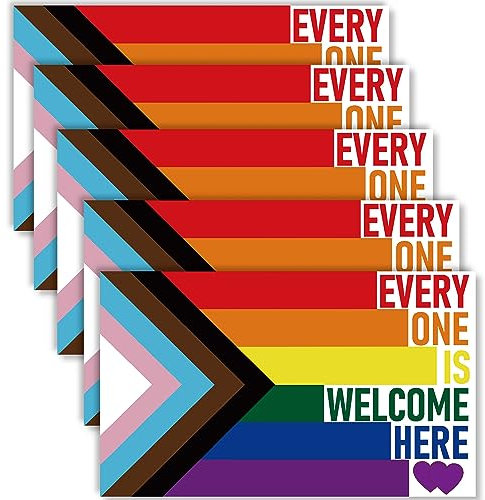 LGBTQ Regenbogen-Banner mit Aufschrift Everyone is Welcome Here, Progress Pride, Aufkleber für Auto, Stoßstange, Fenster, Laptop, 5 Stück