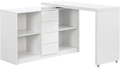 Vente-unique-Ausziehbarer Schreibtisch mit 360° drehbarer Platte - MDF - Weiß lackiert - PAVELO