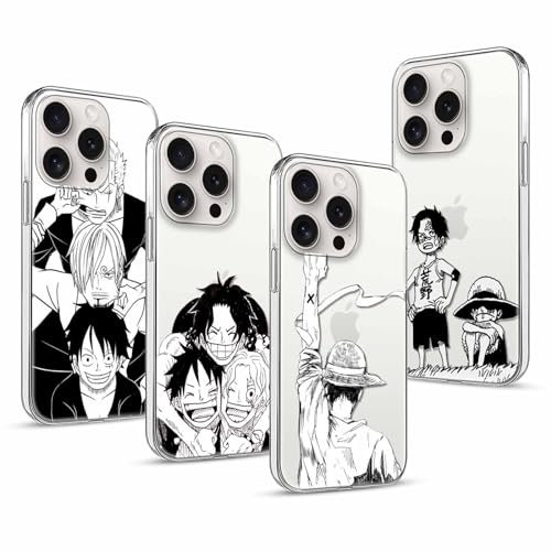 PBNDJVG 4 Stück Handyhülle für Apple iPhone 15 PRO Hülle 6.1'' Anime Luffy Zoro Gear 5 Sun God Nika Ace Manga Muster Design Case Transparent Schutzhülle TPU Silikon Weich Ultra Dünn