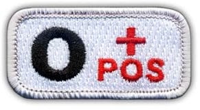 Blood Type 0 Pos White/Red - Black VeIcro/Hook and Loop Backing - Embroidered Patch/Badge/Emblem