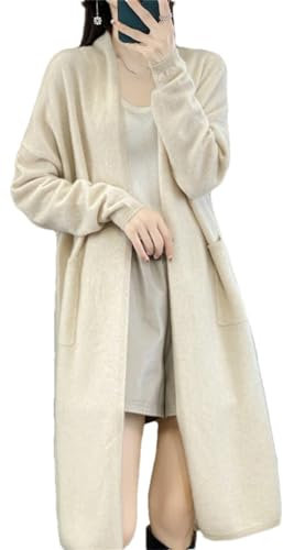 Vsadsau Damen 100% Merinowolle Lange Strickjacke Pullover Gestrickte Offene Front Cardigans Leichter Pullover, beige, One size