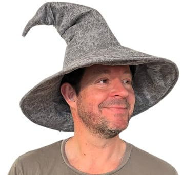 Großer Gandalf Hobbit Zaubererhut mit gebogener Spitze Leder-Optik Grau Hexenhut Merlin Magier Hexe Hexer Zauberer Hut