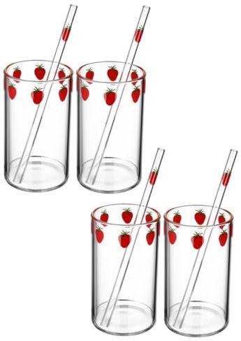 Zerodeko 4ensembles Verres à Jus Transparent Avec Paille Lot Tasses à Lait Et Cocktail Motif Fraise Accessoire De Maison Pratique Et