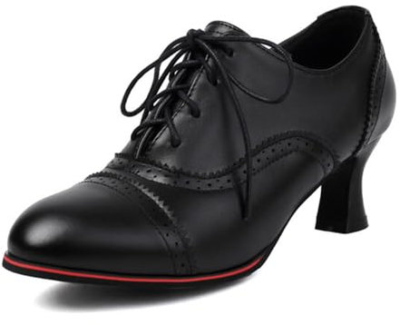COOLCEPT Damen Vintage Wingtip Oxford Schuhe Perforated Schnüren Kitten Heel Schuhe mit Absatz Formal Business Low Top Stiefeletten Black Große 39