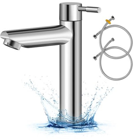 Robinet de Lavabo, Robinet Salle Bain, Robinet Lavabo Robinet Lave Main Eau Froide, Robinet Eau Froide Uniquement, avec Tuyau de Raccordement, Pour WC, Salle Bain