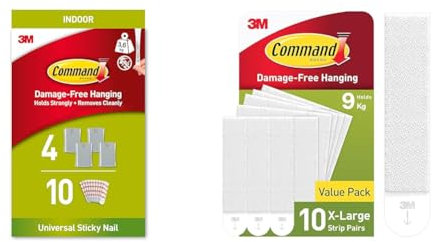 Command PH048-4 Jumbo Universal Sticky Nail, 4 Hooks 10 Adhesive Strips - Ideal to Hang Sawtooth & Picture Hanging Strips, White, X-Large, 10 Strip Pairs - for Pictures, Frames, Mirrors, Wall