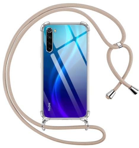 Pnakqil Handyband für Xiaomi Redmi Note 8 Hülle mit Band, Transparent Weich Silikon mit Kordel Necklace Schnur Anti-Fall Bumper Schutzhülle Case Kompatibel mit Redmi Note 8 6.3, Khaki