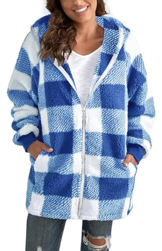 ABINGOO Veste Polaire Zippé pour Femme Chaude Sweats Manteau à Capuche Laine épais Blousons Fourrure Veste à Carreaux Grande Taille Cardigan Casual Mode Hiver Outerwear Ample(Bleu,S)