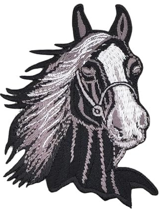 Pferd Kopf Schwarz Reiten Aufnäher zum aufbügeln oder aufnähen Bügelbild Aufbügler für Kleidung gestickter Bügelpatch Applikation Patch Größe 6,5 x 8,3 cm