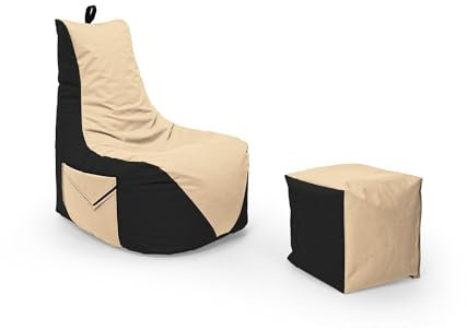 Nadimaideal Gamer Sitzsack Komfort XL - XXL für Kinder, Teenager & Erwachsene | Indoor & Outdoor | Sitzsack Gaming | Füllung EPS Perlen (Schwarz - Beige, Sitzsack XL mit Hocker)