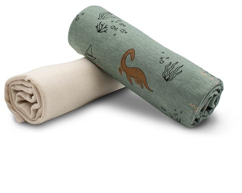 Stoffpaket 0,5m Jersey + 0,5m Bündchenstoff zum Nähen von Kinderkleidung Kinderstoff Jerseystoff (Dinosaurier Dark Mint + Natural Set42)