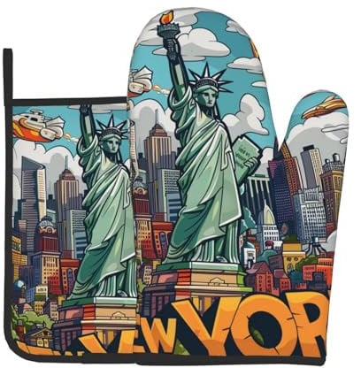 Cartoon Cute New York USA Theme Art Printed Oven Mitts and Pot Holders Set of 2 Pcs Heat Resistant Non-Slip Oven Gloves and Potholders for Kitchen Cooking Baking Grilling