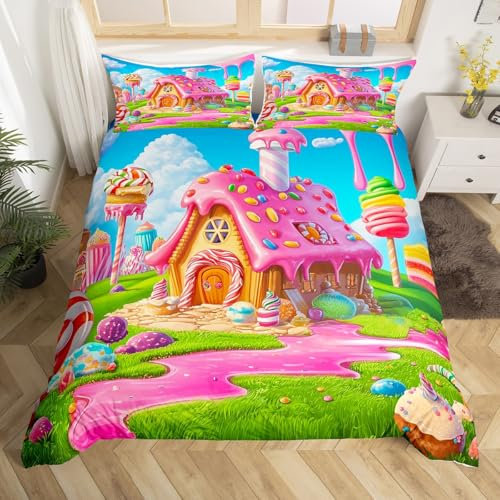 Manfei Candy Cottage Parure de lit pour enfants avec housse de couette en polyester doux, 2 taies d'oreiller, motif biscuits au chocolat rose, décoration de chambre de fille, sans couette