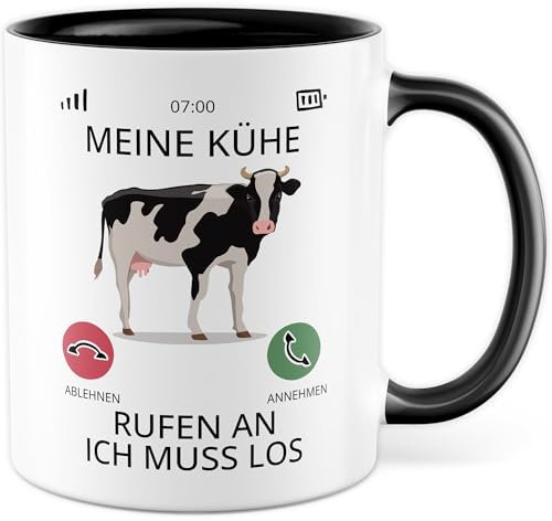 Kuh Tasse mit lustigen Spruch - Geschenk Meine Kühe rufen an ich muss los - Kaffeetasse 330ml aus Keramik - Landwirt Bauer Bäuerin Geschenkidee Bauernhof Kuh Becher Landwirtin