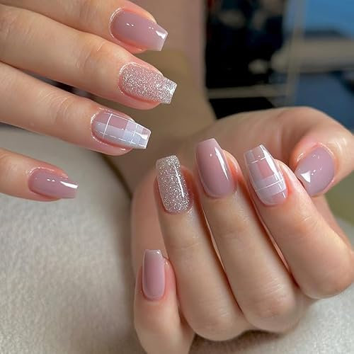 Kaiperala 24pcs Medium Coffin False Nails Nude Pink Glittery Press on Nails Plaid Print Stick on Nail Removable Glue on Acrylic Full Cover Fake Nail Tips Accessories for Women Girls