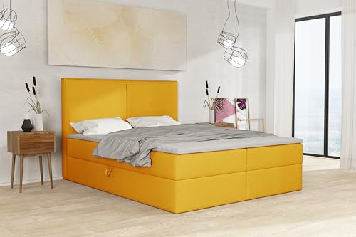 Imebel Boxspringbett Calipso 1, Komplett-Set mit Bonell Matratze und Topper, Polsterbett mit Bettkasten, Doppelbett (gelb, 180x200 cm)
