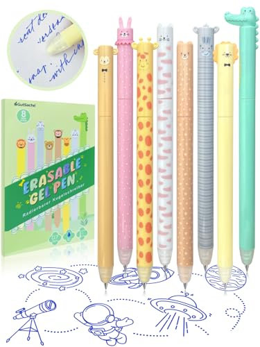 8er Set Radierbare Stifte Kugelschreiber mit wärmeempfindlicher Tinte - Gelschreiber blau mit 0,7mm Strichstärke - Tiermotive - Erasable Pen Set für Kinder Studenten Schule Büro - Schultüte Füllung