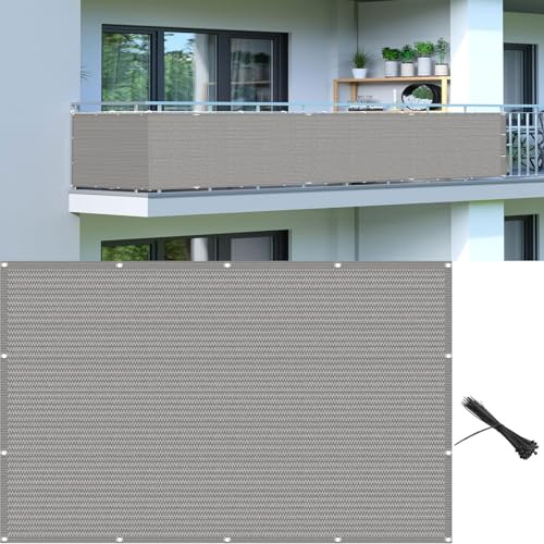 Brise Vue pour Balcon 100 x 220 cm HDPE Protection UV Résistant Aux Déchirures Couverture de Écran Jardin avec Oeillets, Attaches de Câble et Cordons, pour Jardin Balcon, Gris Clair