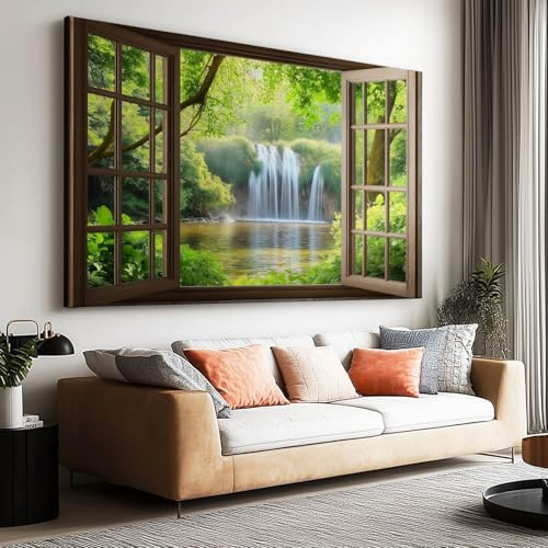 Canvas Wall Art 3D Waterfall Nature Scene Outside Window Poster Canvas Painting Print For Living Room Wall Art Pictures Home Decorative 150L x 100W CM (59 x 39) Frameless