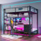 LED Hochbett 90x200&140x200 Metallbett mit Schreibtisch&Gitterwand&Regal&Schubladenschrank, Etagenbett mit USB-Anschluss&Lattenrost,Funktionsbett Spielbett Kinderbett Jugendbett,ohne Matratze,Schwarz
